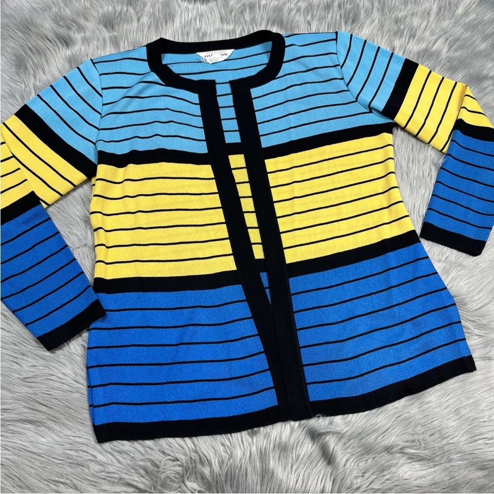 Exclusively Misook Designer Petite Blue Yellow Cardigan XXS